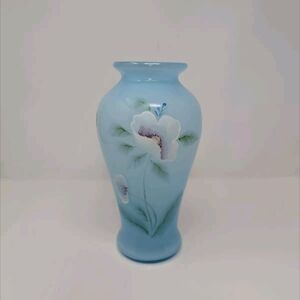 Fenton Blue Topaz Overlay Hand Painted Vase